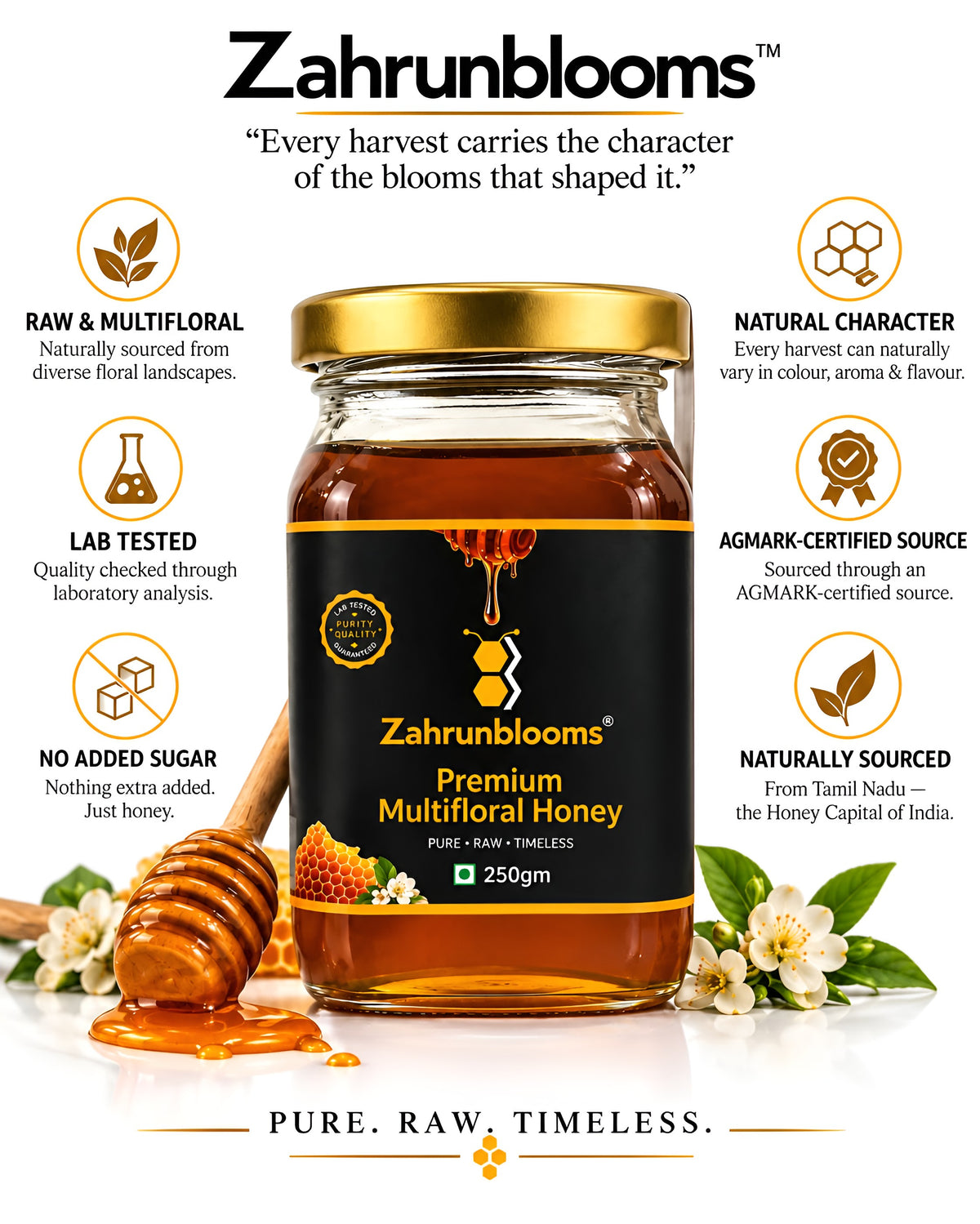 ZahrunBlooms Premium Multifloral Honey – 250g | Lab-Tested for Purity, Natural & Authentic
