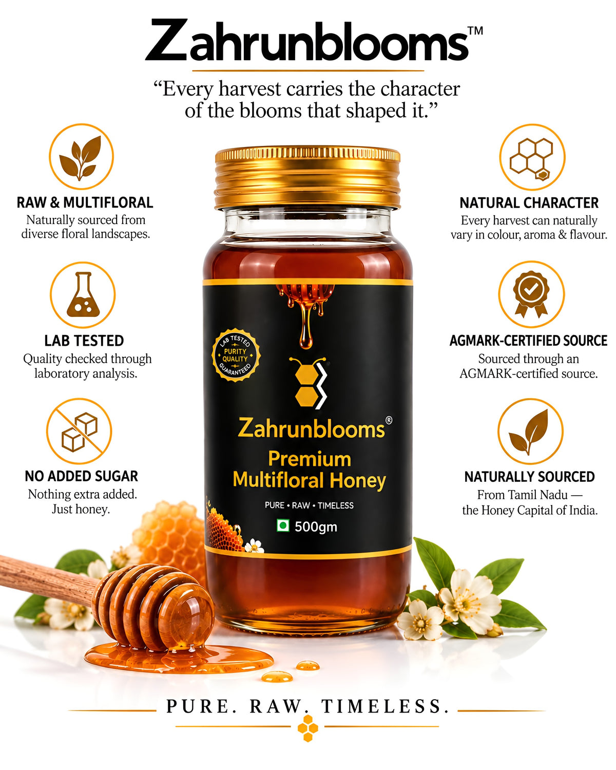 ZahrunBlooms Premium Multifloral Honey 500g – Traditional Glass Bottle