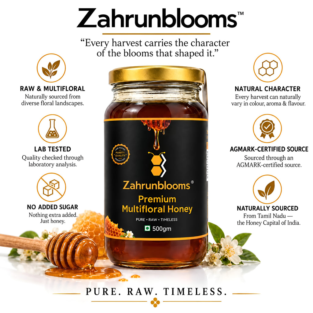ZahrunBlooms Premium Multifloral Honey 500g — Rounded Glass Jar